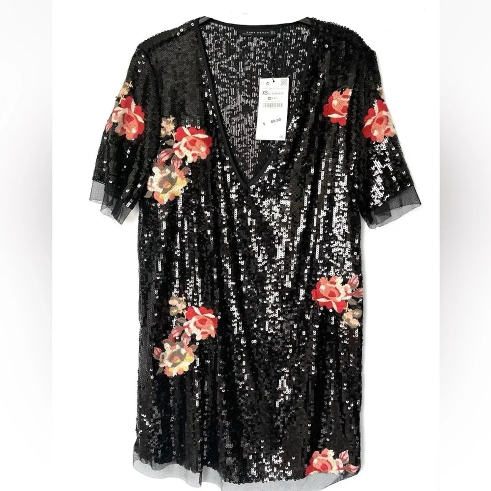 Zara Black Sequin Dress with Floral Accents size XS NEW - Picture 4 of 10